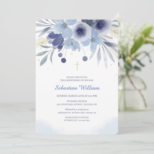 Taufe Blauer Blumenbefall Einladung (Stehend Vorderseite)