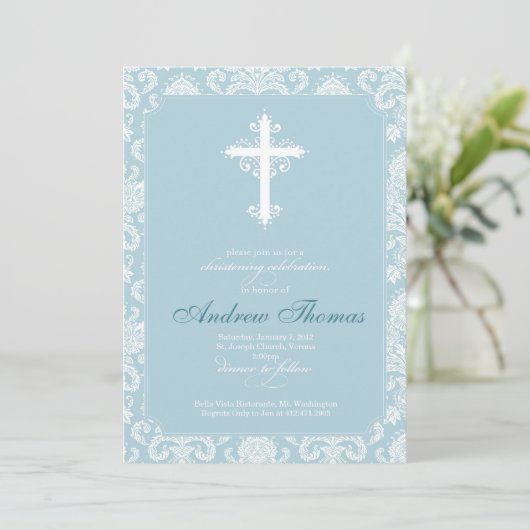 Taufe - blauer Damast Einladung (Stehend Vorderseite)