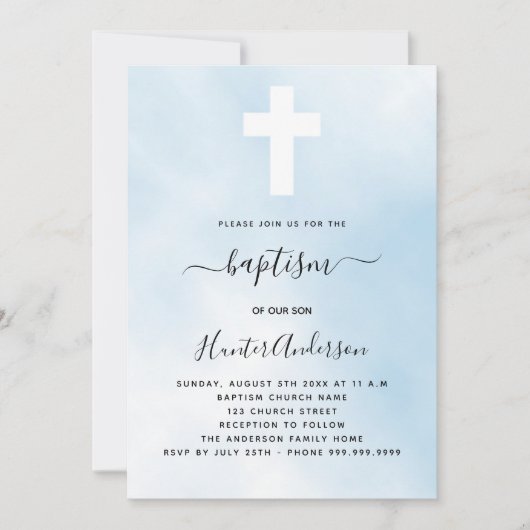 Taufe blauer Himmelsjunge kreuzen einfache, elegan Einladung (Vorderseite)