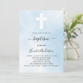 Taufe blauer Himmelsjunge kreuzen einfache, elegan Einladung (Stehend Vorderseite)