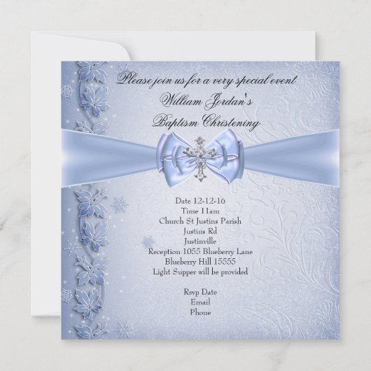Taufe Blauer Kreuz Damast Taufen Einladung (Rückseite)