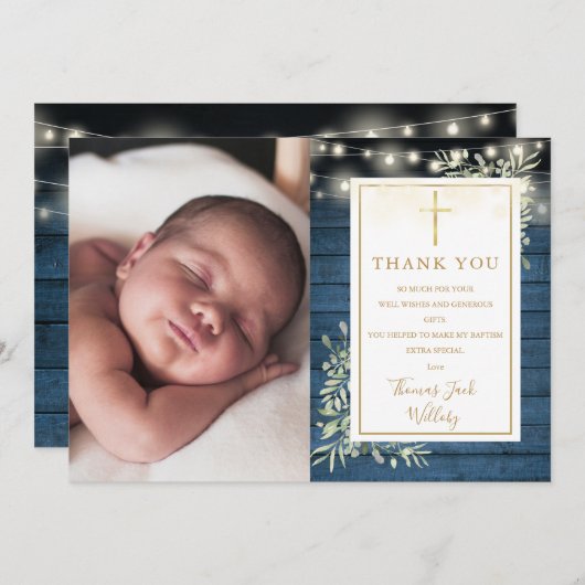 Taufe Blauer Rustikaler String Lights Grüne Foto Dankeskarte (Vorne/Hinten)