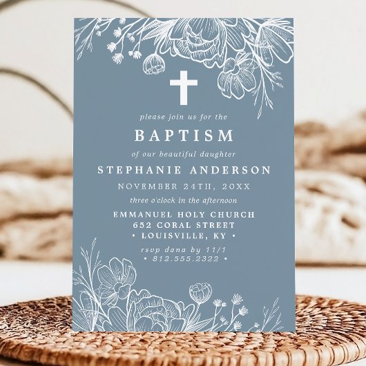 Taufe Blauer und Weiße Blütenblume Einladung
