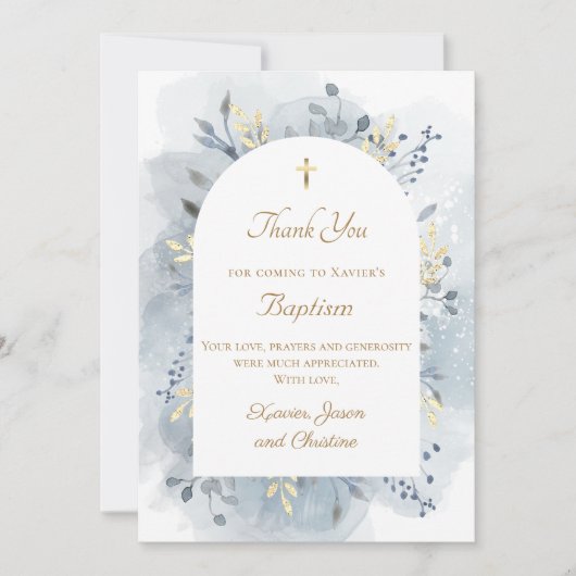 Taufe blaues Aquarellfolien Dank Karte (Vorderseite)