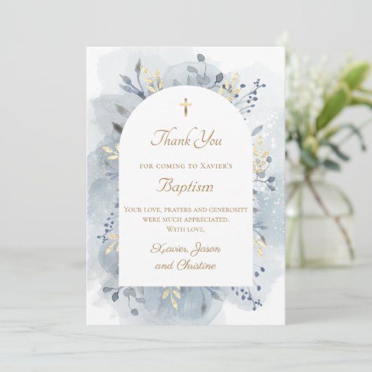 Taufe blaues Aquarellfolien Dank Karte (Stehend Vorderseite)