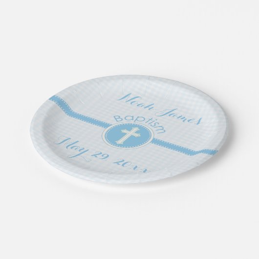Taufe Blaues Kind Gottes, anpassbar Pappteller (Schrägansicht)
