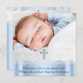 Taufe Blaues Spitzen Foto Jewel Cross Boy Einladung (Vorne/Hinten)