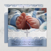 Taufe Blaues Spitzen Foto Jewel Cross Boy Einladung (Vorne/Hinten)