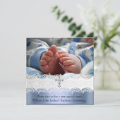 Taufe Blaues Spitzen Foto Jewel Cross Boy Einladung (Stehend Vorderseite)