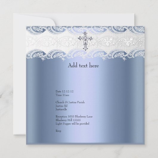 Taufe Blaues Spitzen Foto Jewel Cross Boy Einladung (Rückseite)