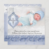 Taufe Blaues Spitzen Foto Jewel Cross Boy Einladung (Vorne/Hinten)