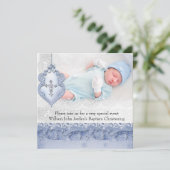 Taufe Blaues Spitzen Foto Jewel Cross Boy Einladung (Stehend Vorderseite)