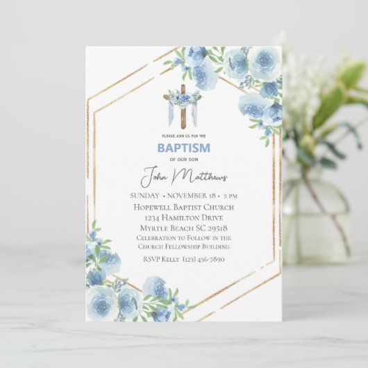 Taufe Blaufloralblümchen Einladung (Stehend Vorderseite)