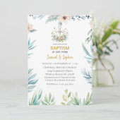 Taufe Blaurosa Blumenkreuz Twins Einladung (Stehend Vorderseite)