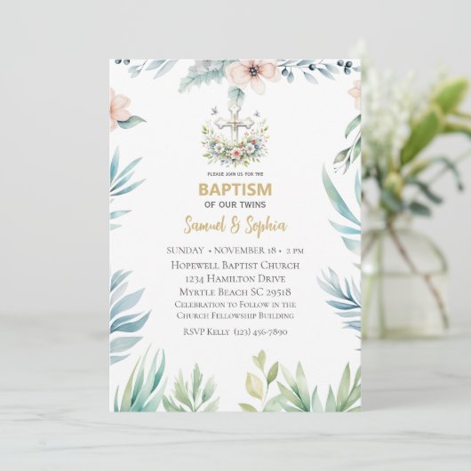 Taufe Blaurosa Blumenkreuz Twins Einladung (Stehend Vorderseite)