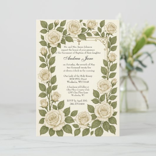 Taufe Bloral Jesus gesegnete Mutter Rose Einladung (Stehend Vorderseite)