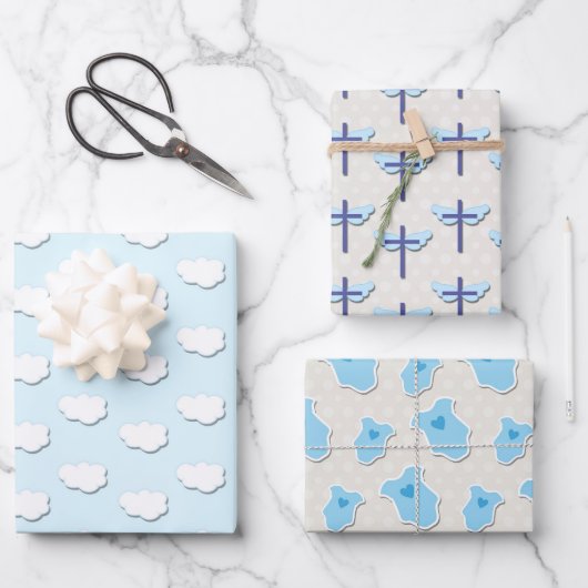 Taufe Blue Baby Cloud Cross Geschenkpapier Set (Vorderseite)