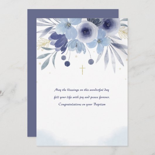 Taufe Blue Floral Card Einladung (Vorne/Hinten)