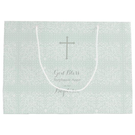 Taufe Blue Opal Delikate Blumenspitze Große Geschenktüte (Rückseite)