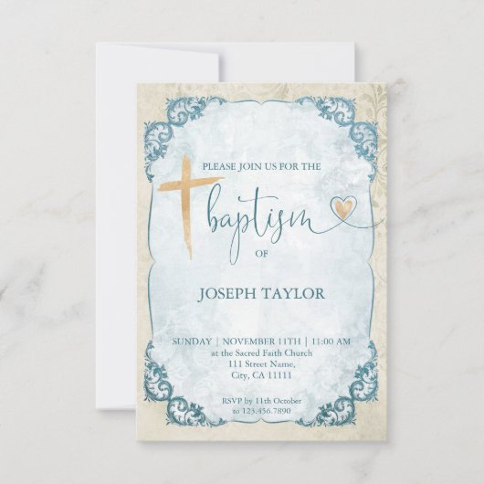 Taufe Blue Rustic Gold Cross Christening Einladung (Vorderseite)
