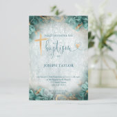 Taufe Blue Rustic Gold Cross Christening Einladung (Stehend Vorderseite)