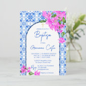 Taufe Blue Tiles und Bougainvillea elegant Einladung (Stehend Vorderseite)