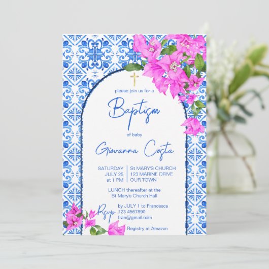 Taufe Blue Tiles und Bougainvillea elegant Einladung (Stehend Vorderseite)