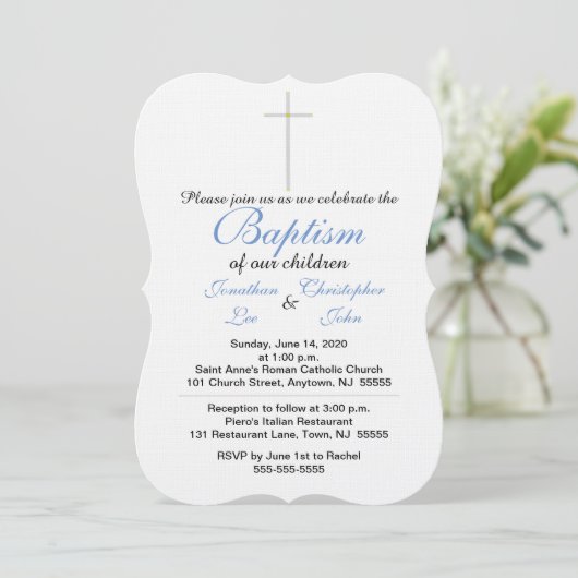 Taufe Blue Twins Einladung (Stehend Vorderseite)