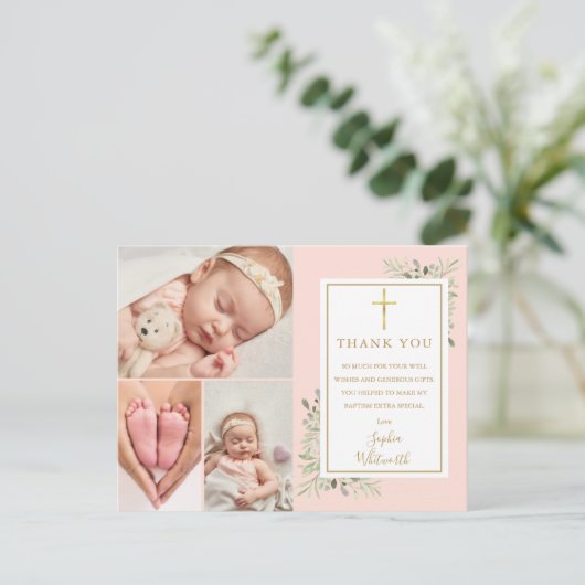 Taufe Blush Pink Danke Postkarte (Stehend Vorderseite)