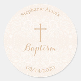 Taufe Blush Pink Delikate Blumenspitze Runder Aufkleber