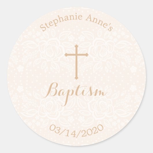 Taufe Blush Pink Delikate Blumenspitze Runder Aufkleber (Vorderseite)