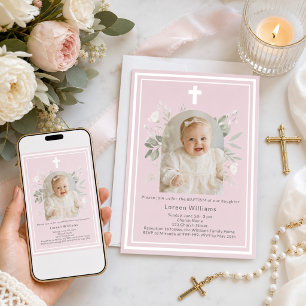 Taufe Blush Pink Foto weiße Blumen Bogen Mädchen Einladung