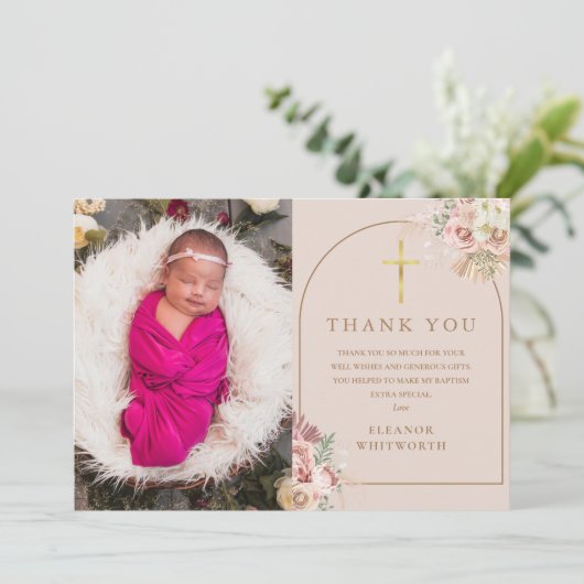 Taufe Blush Pink Gold Pampas Grass Foto Dankeskarte (Stehend Vorderseite)