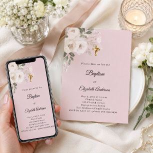 Taufe Blush Rosa Weiße Blüten Mädchen Einladung