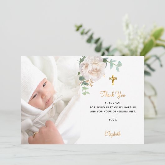 Taufe Blütengold Foto Dankeschön Karte (Stehend Vorderseite)