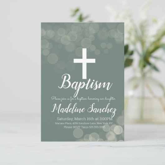 Taufe Bokeh Lights Enthüllung Einladung (Stehend Vorderseite)