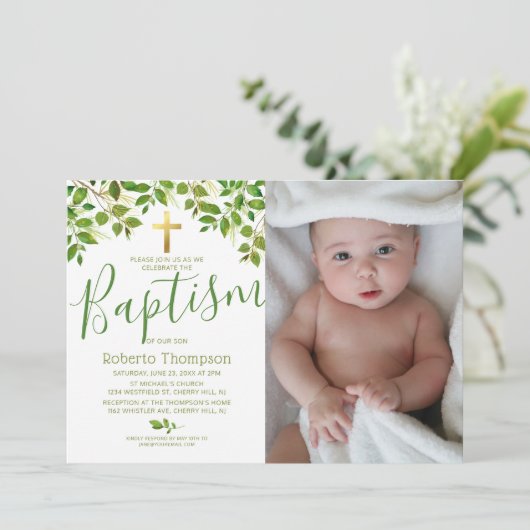 Taufe Botanisches Christening-Foto Einladung (Stehend Vorderseite)
