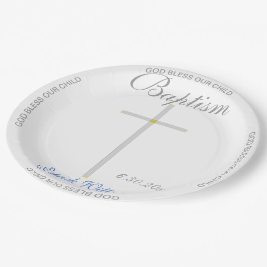 Taufe Boy Blue Name Silver Cross Pappteller (Schrägansicht)