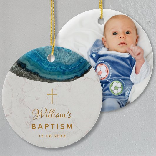 Taufe Boy Foto Blue Geode Marble Gold Cross Keramik Ornament