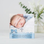 Taufe Boy Foto Blue White Lace Jewel Cross 2 Einladung (Stehend Vorderseite)