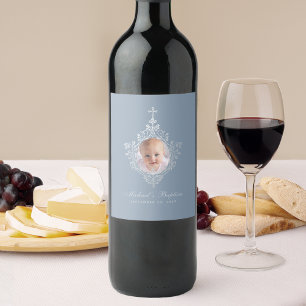 Taufe Boy Foto Dusty Blue Vintages Wappen Kreuz Weinetikett