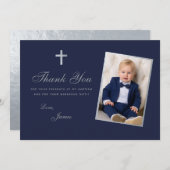 Taufe Boy Foto Imitate Silver Navy Blue Script Dankeskarte (Vorne/Hinten)