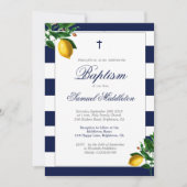 Taufe Boy Navy Stripes Lemons Silver Religious Einladung (Vorderseite)
