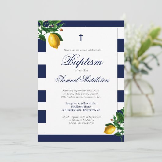 Taufe Boy Navy Stripes Lemons Silver Religious Einladung (Stehend Vorderseite)