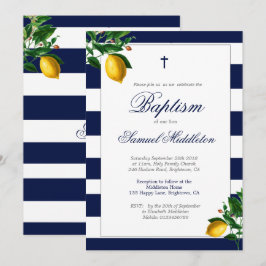 Taufe Boy Navy Stripes Lemons Silver Religious Einladung