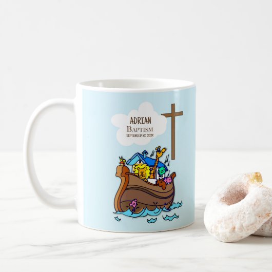 Taufe Boy Noah's Ark, Niedliche Tiere Personalisie Kaffeetasse (Mit Donut)