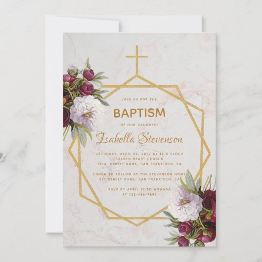 Taufe Burgundy Peonies Marble Gold Geometric Einladung (Vorderseite)