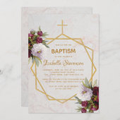 Taufe Burgundy Peonies Marble Gold Geometric Einladung (Vorne/Hinten)