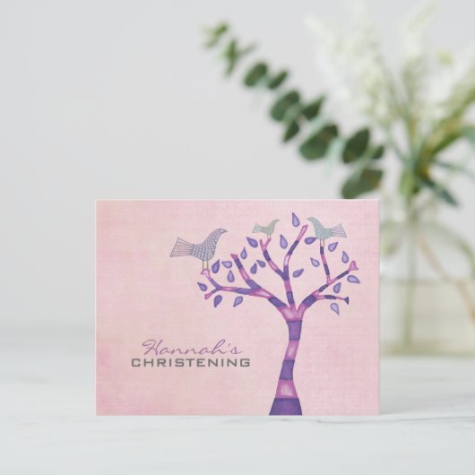 Taufe Christening Bird Trio in Tree Party Einladun Ankündigungspostkarte (Stehend Vorderseite)
