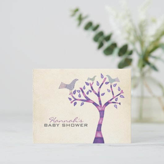 Taufe Christening Bird Trio in Tree Party Einladun Ankündigungspostkarte (Stehend Vorderseite)